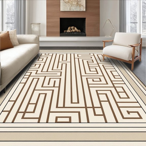 ODIKA 4'x6' Machine Washable Non-Slip Area Rug, Mesmerizing Labyrinth Maze Interwoven Textural Decorative Artistry High Traffic Rug, Beige, 667206
