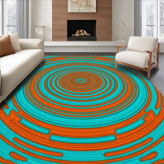 ODIKA 4'x6' Machine Washable Non-Slip Area Rug, Mesmerizing Vortex Ripple Sunburst Hypnotic Wave High Traffic Rug, Orange, 581582
