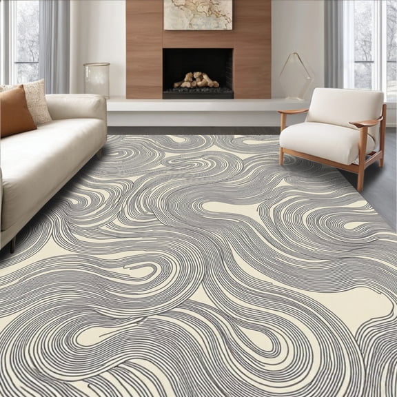 ODIKA 4'x6' Machine Washable Non-Slip Area Rug, Metropolitan Wave Rhythmic Decorative Arrangement High Traffic Rug, Beige, 659542