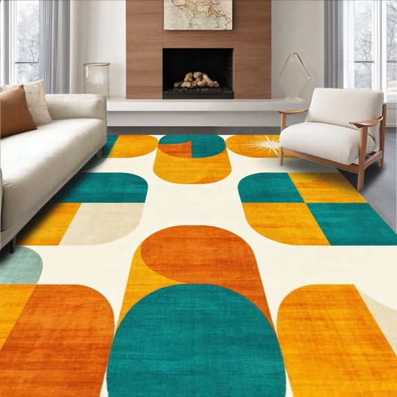 ODIKA 4'x6' Machine Washable Non-Slip Area Rug, Mid Modern Geometric Shapes with Retro Atomic Motifs High Traffic Rug, Yellow, 168567