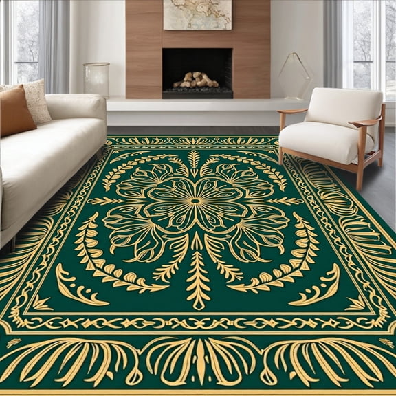 ODIKA 4'x6' Machine Washable Non-Slip Area Rug, Midnight Fern Interlocking with Golden Botanical Motifs High Traffic Rug, Green, 618716
