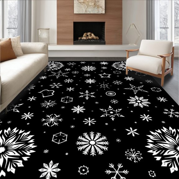 ODIKA 4'x6' Machine Washable Non-Slip Area Rug, Midnight Snowflake Tree Skirt with Celestial Sequin Embellishments High Traffic Rug, Black, 740737