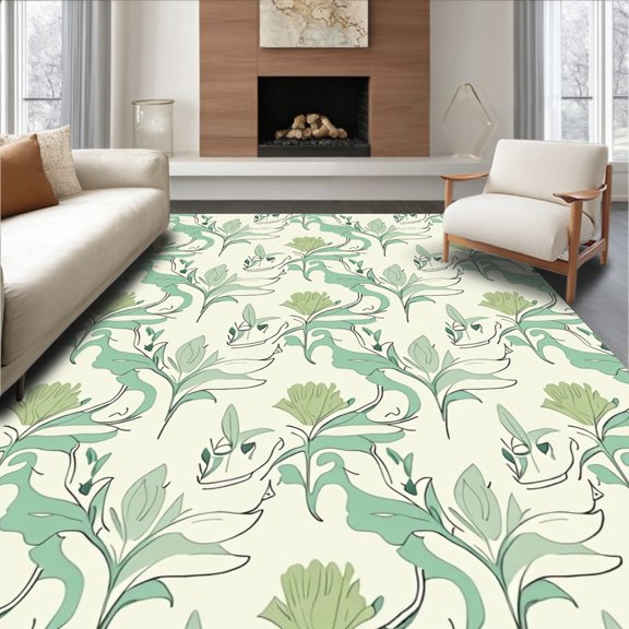 ODIKA 4'x6' Machine Washable Non-Slip Area Rug, Minimalist Botanical Vine with Interlocking Leaf Sprays High Traffic Rug, Ivory, 466365