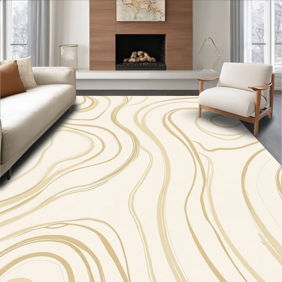 ODIKA 4'x6' Machine Washable Non-Slip Area Rug, Minimalist Brushstroke Wave Transitional Modern Stylish Accessory High Traffic Rug, Beige, 463762