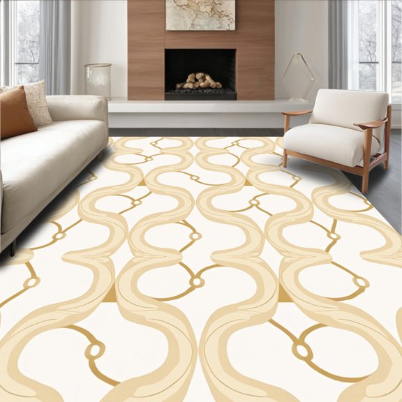 ODIKA 4'x6' Machine Washable Non-Slip Area Rug, Minimalist Wave Featuring Fluid Lines High Traffic Rug, Beige, 482188