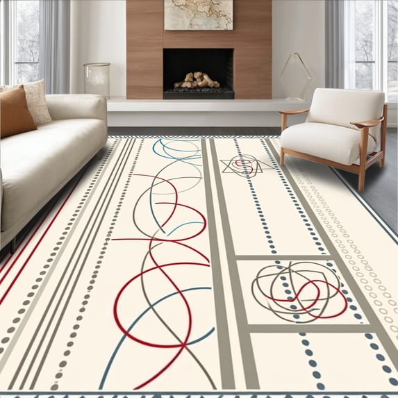ODIKA 4'x6' Machine Washable Non-Slip Area Rug, Modern Abstract Arches with Dot Embellishments High Traffic Rug with Pad, Red, 472647