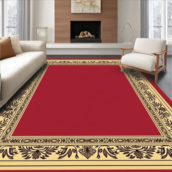 ODIKA 4'x6' Machine Washable Non-Slip Area Rug, Modern Bordered Medallion with Subtle Leaf Motifs and Vintage Accents High Traffic Rug with Pad, Red, 588346