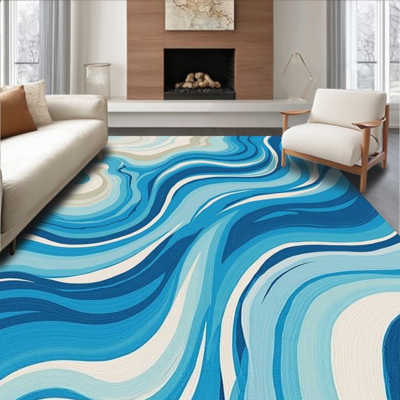 ODIKA 4'x6' Machine Washable Non-Slip Area Rug, Modern Brushstroke Expressionist Flowing Water Artistic High Traffic Rug, Blue, 664249
