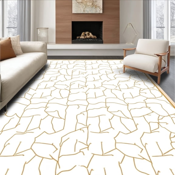 ODIKA 4'x6' Machine Washable Non-Slip Area Rug, Modern Hexagon Honeycomb Grid with Minimalist Line Network High Traffic Rug, White, 462136