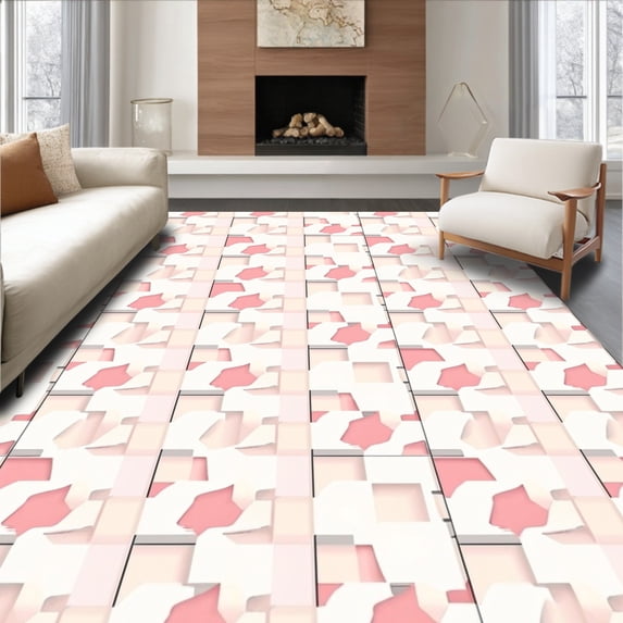 ODIKA 4'x6' Machine Washable Non-Slip Area Rug, Modern Hexagonal Mosaic with Contemporary Interlocking Design High Traffic Rug with Pad, White, 730912