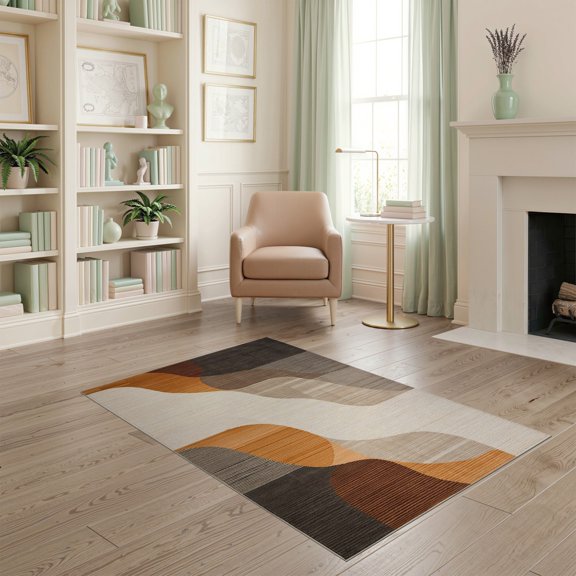 ODIKA 4'x6' Abstract Beige Washable Area Rug for Home Office, Under Desk, Non-Slip Chair-Friendly, Flatwoven