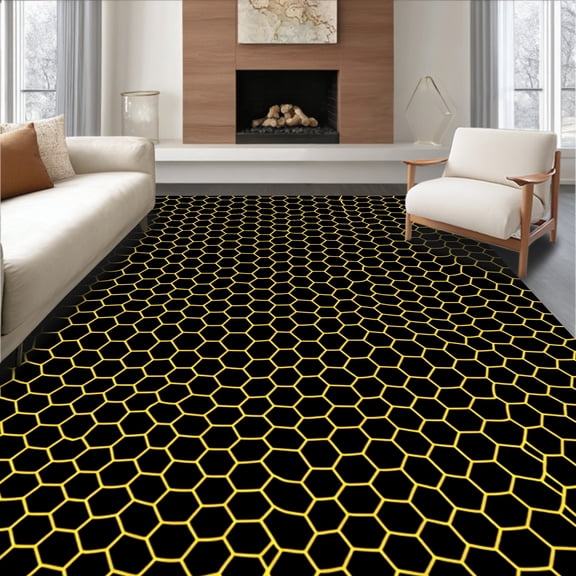 ODIKA 4'x6' Machine Washable Non-Slip Area Rug, Modern Honeycomb Bee Print Floor Covering Design High Traffic Rug, Black, 472011