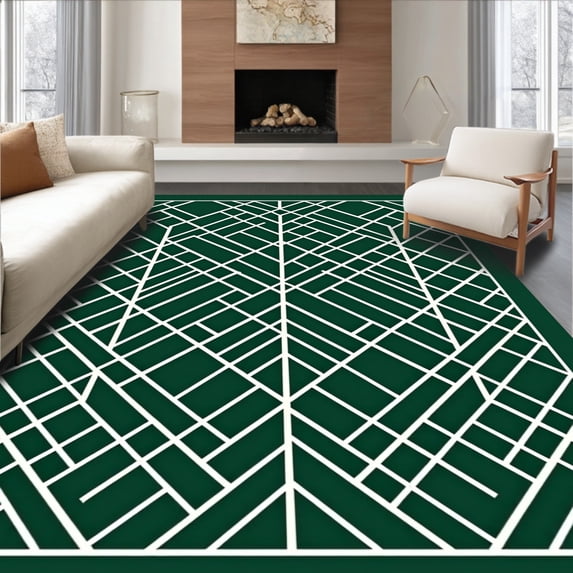 ODIKA 4'x6' Machine Washable Non-Slip Area Rug, Modern Interlocking Lattice with Minimalist Pinstripe Detailing High Traffic Rug with Pad, Green, 476121