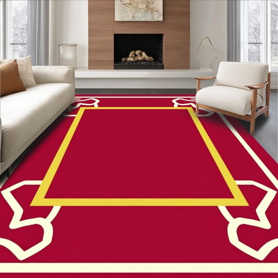 ODIKA 4'x6' Machine Washable Non-Slip Area Rug, Modern Interlocking Maze Motif with Minimalist Art Influences High Traffic Rug, Red, 447990