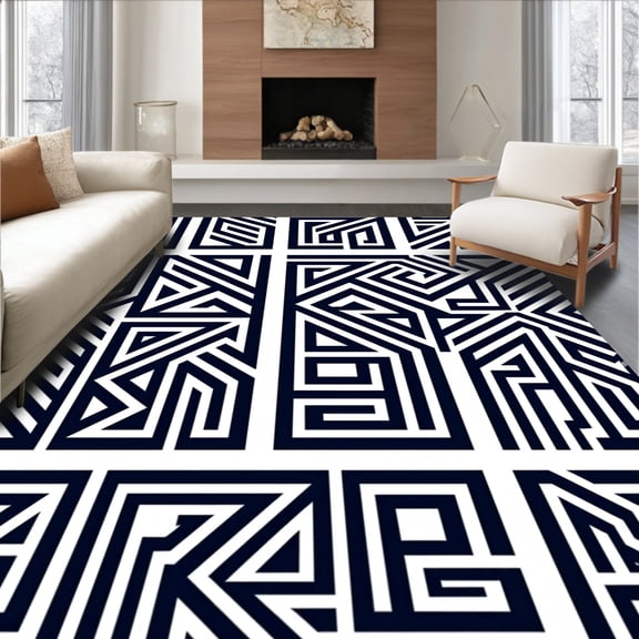 ODIKA 4'x6' Machine Washable Non-Slip Area Rug, Modern Maze Labyrinth Decorative Stylish Zigzag Architecture High Traffic Rug, Black, 582054