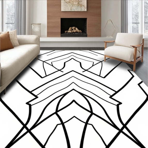 ODIKA 4x6 Machine Washable Non-Slip Area Rug, Modern Maze with Abstract Chevron and Detailing High Traffic Rug with Pad, Black, 534061