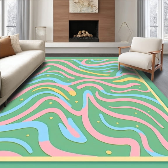 ODIKA 4x6 Machine Washable Non-Slip Area Rug, Modern Painted Wave Design with Playful Contemporary Stripes High Traffic Rug, Green, 522150