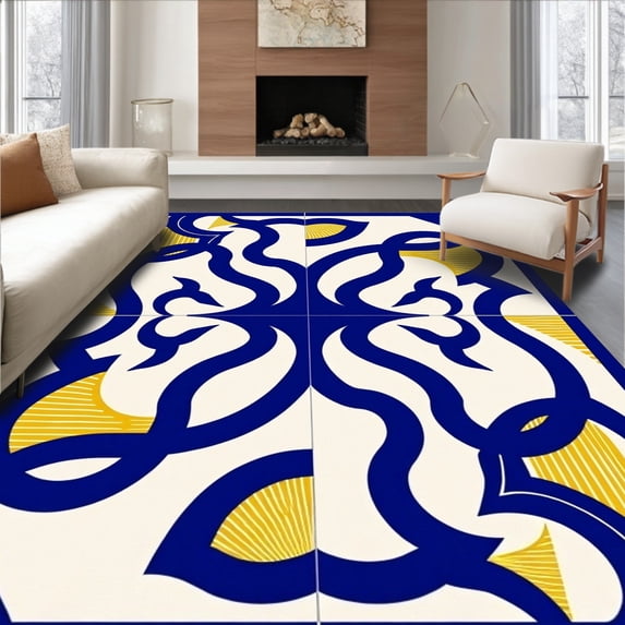 ODIKA 4'x6' Machine Washable Non-Slip Area Rug, Modern Stadium Wave with Interlocking Arches and Subtle Fan Emblems High Traffic Rug, Blue, 669124