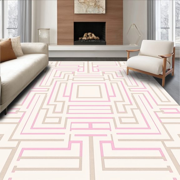 ODIKA 4'x6' Machine Washable Non-Slip Area Rug, Modern Symmetrical Maze Labyrinth Artistic Luxury Aesthetic High Traffic Rug, Beige, 581948