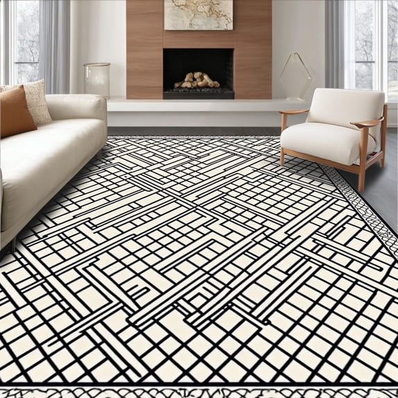 ODIKA 4'x6' Machine Washable Non-Slip Area Rug, Modern Trellis Design High Traffic Rug, Black, 378030