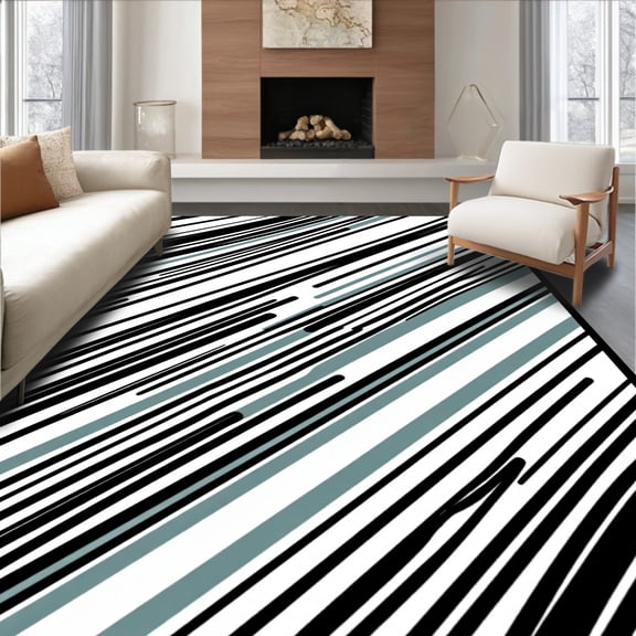 ODIKA 4'x6' Machine Washable Non-Slip Area Rug, Modernist Diagonal Stripe Decorative Asymmetrical Contrast High Traffic Rug, Black, 489118