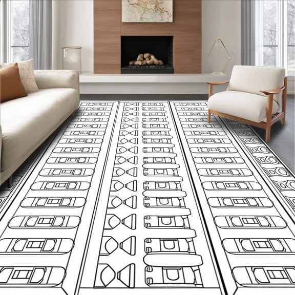 ODIKA 4'x6' Machine Washable Non-Slip Area Rug, Modernist Line With Symmetrical Interlocking High Traffic Rug, Black, 350033