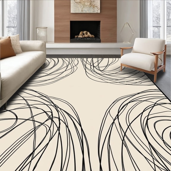 ODIKA 4'x6' Machine Washable Non-Slip Area Rug, Modernist Sketch Expressive Asymmetrical Dynamic High Traffic Rug, Beige, 499561