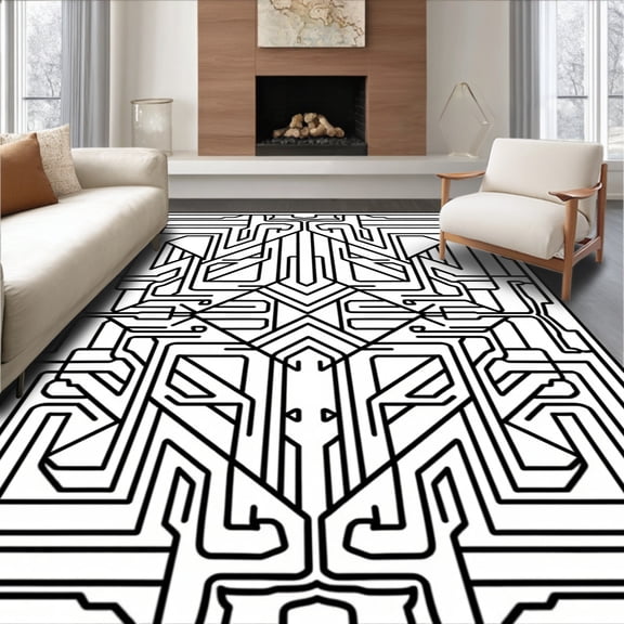 ODIKA 4'x6' Machine Washable Non-Slip Area Rug, Monochrome Maze Interlocking Pathways Abstract Art High Traffic Rug, Black, 498565