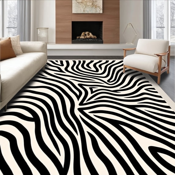 ODIKA 4'x6' Machine Washable Non-Slip Area Rug, Monochrome Savanna Bands Elegant Contemporary Stylish Fashionable High Traffic Rug with Pad, Black, 592630