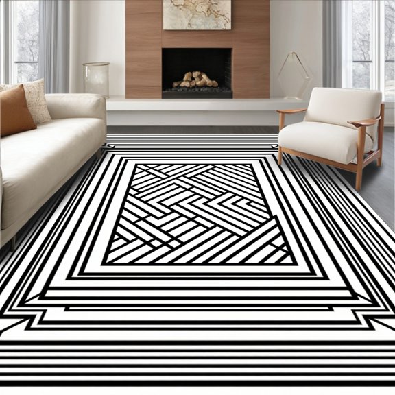 ODIKA 4'x6' Machine Washable Non-Slip Area Rug, Monochrome Zigzag Maze Elegant Contemporary Trellis Labyrinth Path High Traffic Rug, Black, 522037