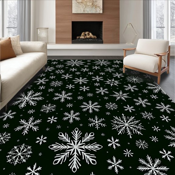 ODIKA 4'x6' Machine Washable Non-Slip Area Rug, Moonlit Snowflake Cascade Tree Skirt with Silver Sparkle Embellishments High Traffic Rug, Black, 631277