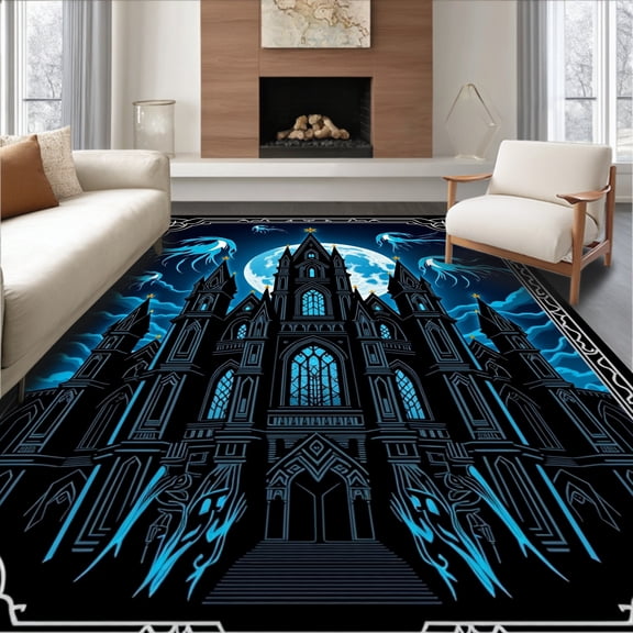 ODIKA 4'x6' Machine Washable Non-Slip Area Rug, Moonlit Spire Castle Design with Fluttering Spirits and Night Sky Accents High Traffic Rug, Black, 641863