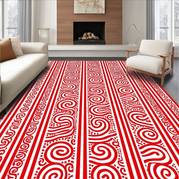 ODIKA 4'x6' Machine Washable Non-Slip Area Rug, Festive Cane Swirl Plush High Traffic Rug, Red, 475890