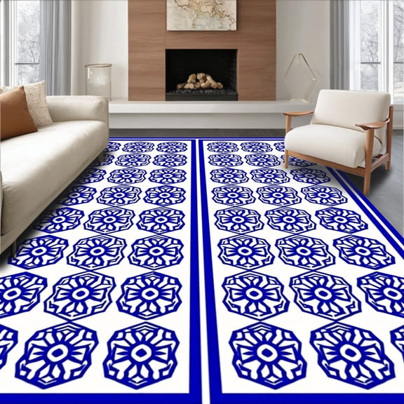 ODIKA 4'x6' Machine Washable Non-Slip Area Rug, Mosaic Tile Inspired Grid with Interlocking Hexagons High Traffic Rug, Blue, 476792