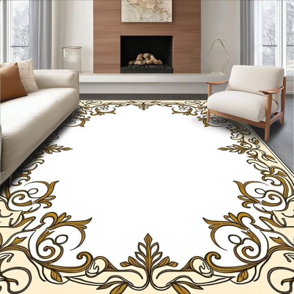ODIKA 4'x6' Machine Washable Non-Slip Area Rug, Moss Inspired Transitional Scrollwork Heritage High Traffic Rug, Ivory, 546568