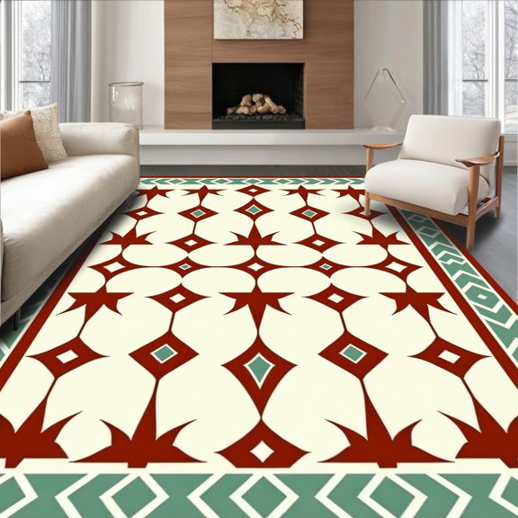 ODIKA 4'x6' Machine Washable Non-Slip Area Rug, Motif with Accent Points High Traffic Rug, Red, 463363