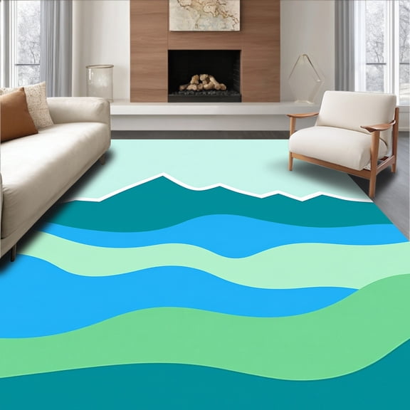 ODIKA 4'x6' Machine Washable Non-Slip Area Rug, Mountain Landscape Horizon High Traffic Rug, Teal, 505134