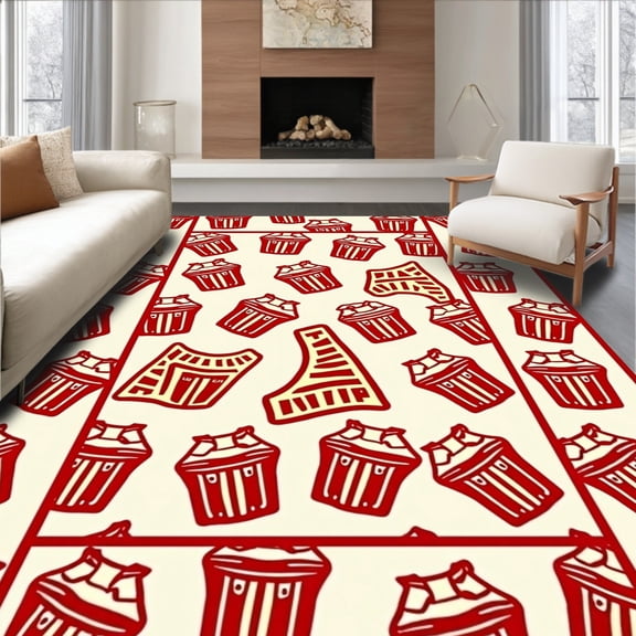 ODIKA 4'x6' Machine Washable Non-Slip Area Rug, Movie Night Icons Patchwork with Popcorn Buckets and Film Reels High Traffic Rug, Red, 543669