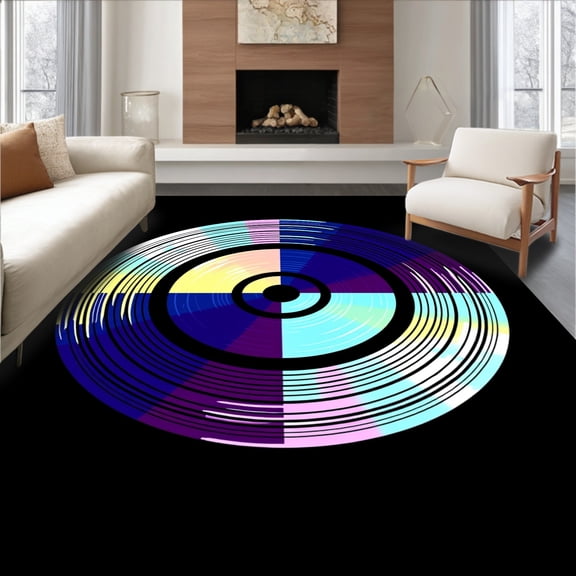 ODIKA 4'x6' Machine Washable Non-Slip Area Rug, Musical Vinyl Record Fan Decorative Floor Artistic Accent High Traffic Rug, Blue, 610257