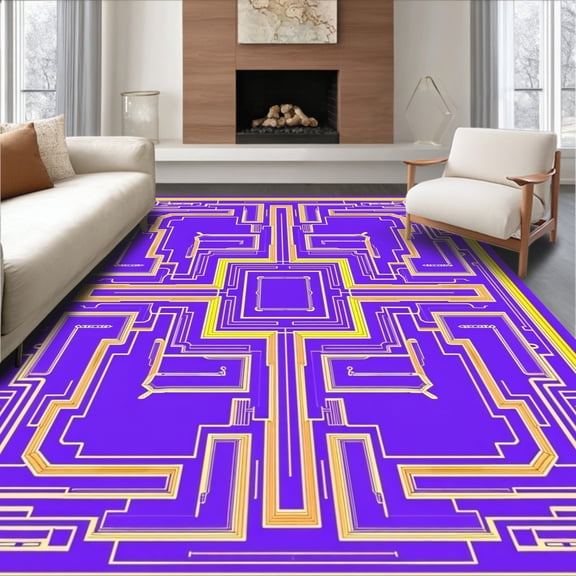 ODIKA 4'x6' Machine Washable Non-Slip Area Rug, Mystic Labyrinth Enigmatic Pathway Junction Maze Composition High Traffic Rug, Purple, 664419