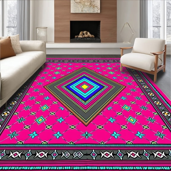 ODIKA 4'x6' Machine Washable Non-Slip Area Rug, Mystical Boho Eclectic Jewel High Traffic Rug, Pink, 568259