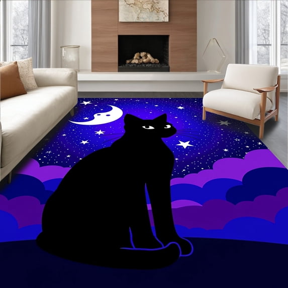 ODIKA 4'x6' Machine Washable Non-Slip Area Rug, Mystical Feline Latch Hook Kit with Moon Design High Traffic Rug with Pad, Black, 650162
