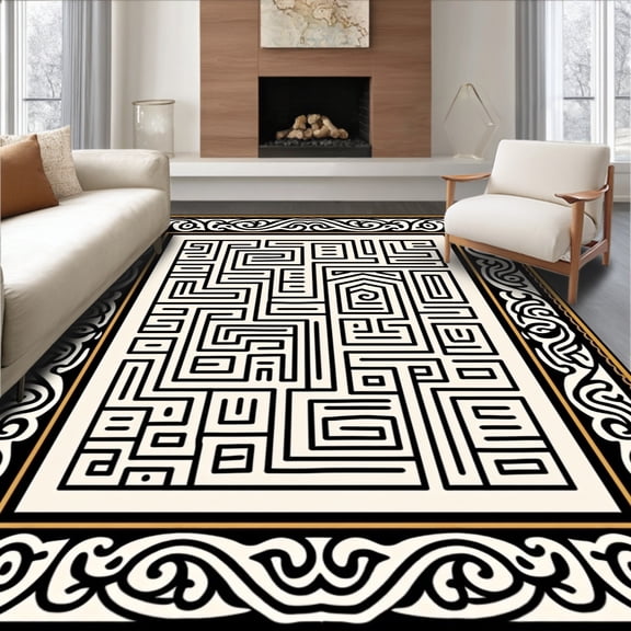 ODIKA 4x6 Machine Washable Non-Slip Area Rug, Mystical Labyrinth Enchanted Maze Decorative Accent High Traffic Rug, Ivory, 524149