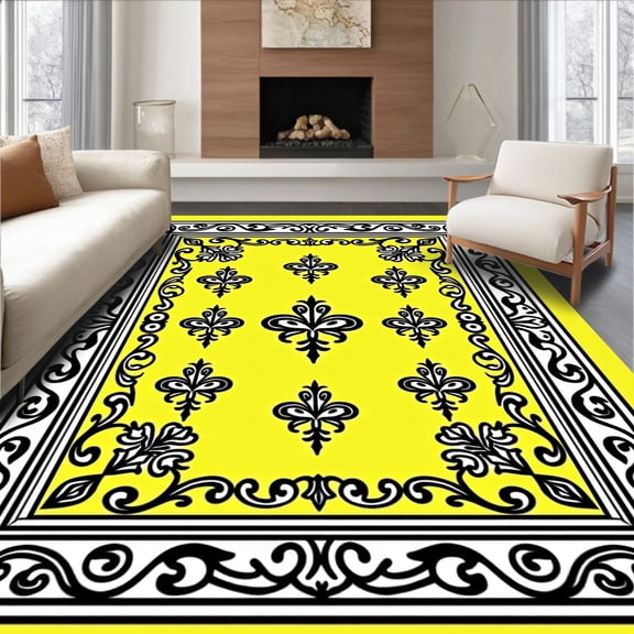 ODIKA 4'x6' Machine Washable Non-Slip Area Rug, Mystique Baroque Damask Labyrinth High Traffic Rug, Yellow, 658291