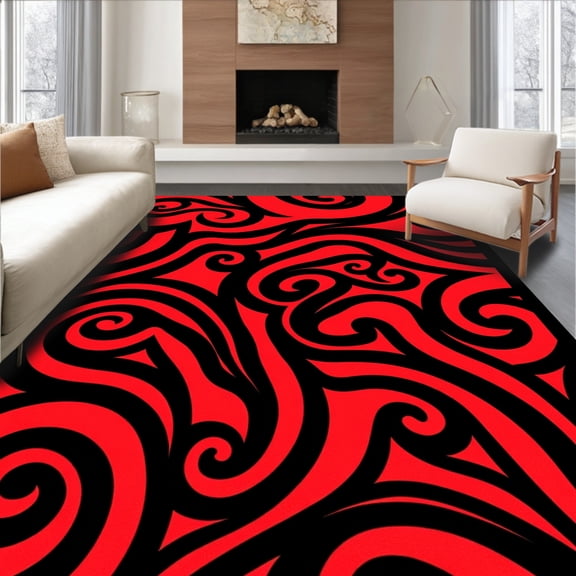 ODIKA 4'x6' Machine Washable Non-Slip Area Rug, Mythical Dragon Flight Featuring Fiery and Midnight Black Swirls High Traffic Rug, Red, 699956