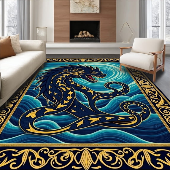 ODIKA 4'x6' Machine Washable Non-Slip Area Rug, Mythical Ocean Journey Latch Artwork Handcraft High Traffic Rug with Pad, Blue, 726030
