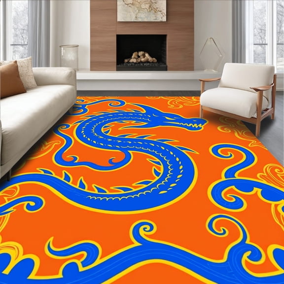 ODIKA 4x6 Machine Washable Non-Slip Area Rug, Mythical Sky Dragon Fantasy Decorative Aesthetic Graphic Art High Traffic Rug, Orange, 700975