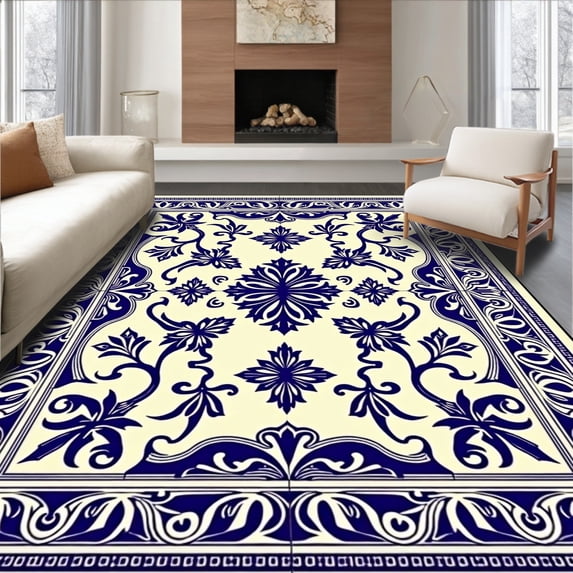 ODIKA 4'x6' Machine Washable Non-Slip Area Rug, Narrow Passageway Cover with Scroll Work Details High Traffic Rug with Pad, Beige, 658997