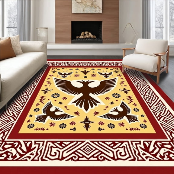 ODIKA 4'x6' Machine Washable Non-Slip Area Rug, Native Thunderbird with Symbol Artwork High Traffic Rug, Brown, 547785