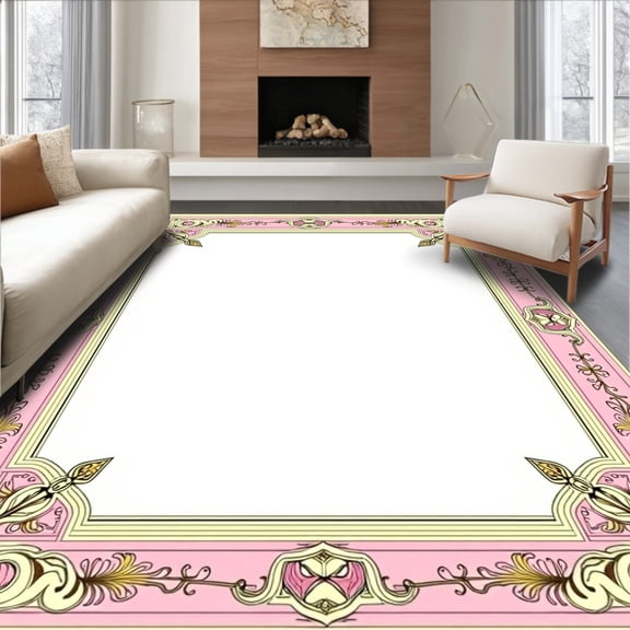 ODIKA 4'x6' Machine Washable Non-Slip Area Rug, Natural Hide with Vintage Medallion Border Details High Traffic Rug, Pink, 531896